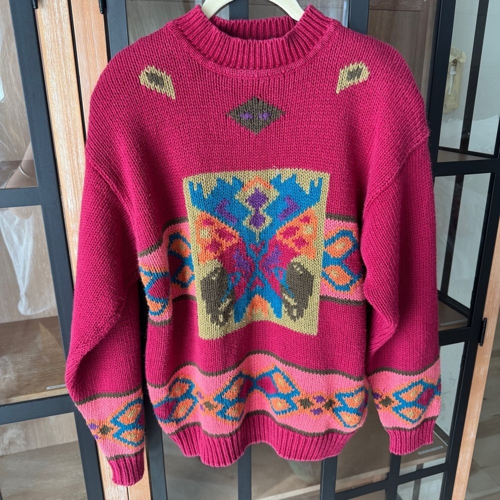 Vintage 90s PASTA chunky Knit Sweater Ramie Cotton butterfly Pullover colorful